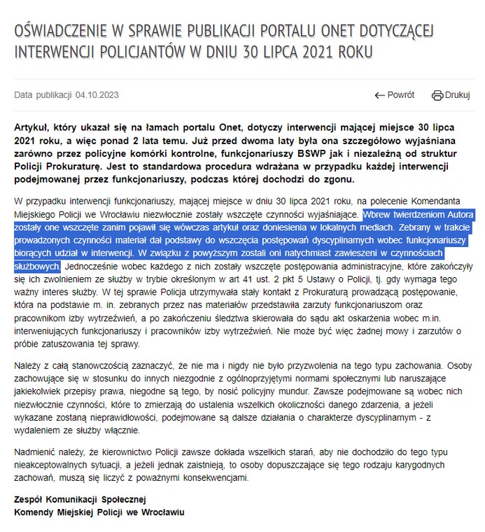 Oświadczenie wydane przez zespół prasowy Komendy Miejskiej Policji we Wrocławiu po publikacji Onetu źródło: https://wroclaw.policja.gov.pl/