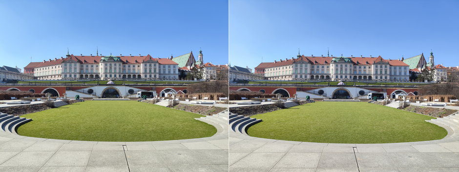Porównanie zdjęć standardowych - wykonanego w trybie 50 Mpix (po lewej) oraz interpolowanego do tej samej rozdzielczości kadru standardowego, wykonanego w automatycznym trybie Zdjęcie (kliknij, aby powiększyć)