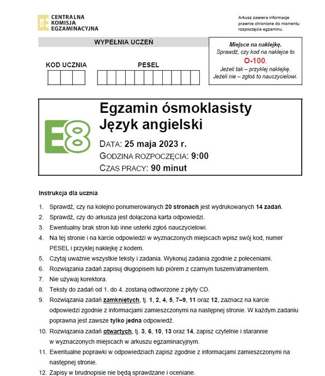 Egzamin ósmoklasisty 2023. Język angielski Strona 1