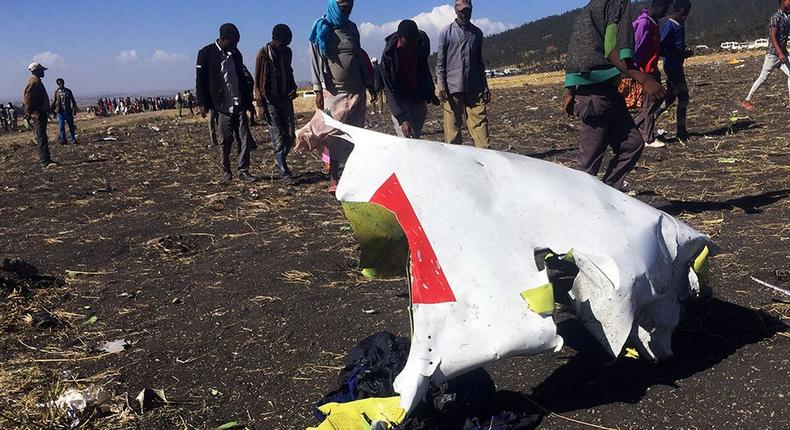 Remnants of Ethiopian Airlines Flight 302 which crashed shortly after take-off on Sunday.