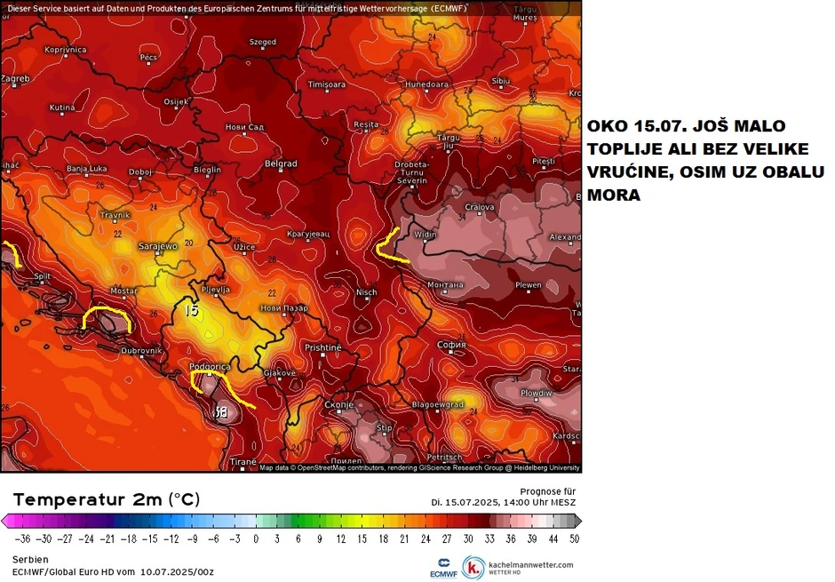 Oko 15. jula malo toplije, ali bez velike vrućine, osim uz more