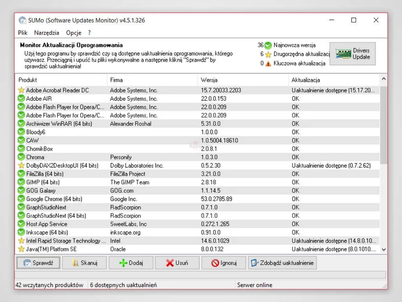 Główne okno programu do sprawdzania aktualności zainstalowanych programów - SUMo Pro