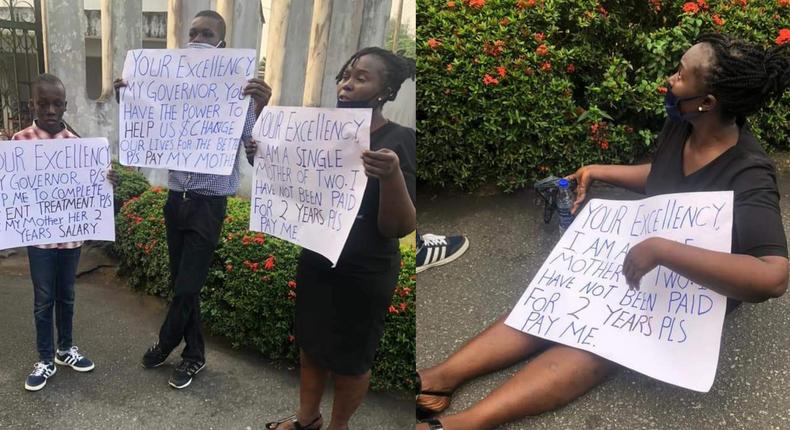 Nigerian magistrate & 2 sons protest over her 2 years' salary arrears