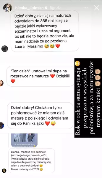 Blanka Lipińska pokazuje wiadomości od maturzystek / Instagram @blanka_lipinska