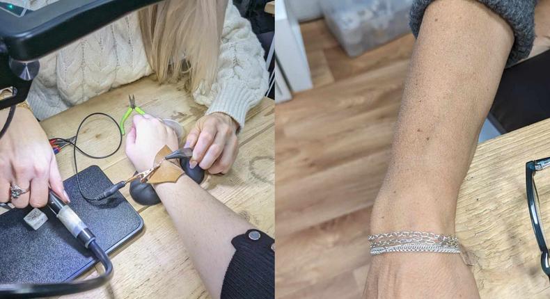 The author is photographed getting a welded bracelet, left, and a permanent jewelry artist's permanent bracelets are photographed, right.Mikhaila Friel/Insider