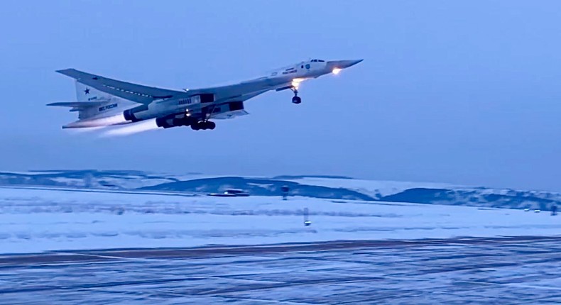 A photo released by Russian Defense Ministry Press Service on January 17, 2023, showing a TU-160 strategic bomber.Russian Defense Ministry Press Service photo via AP