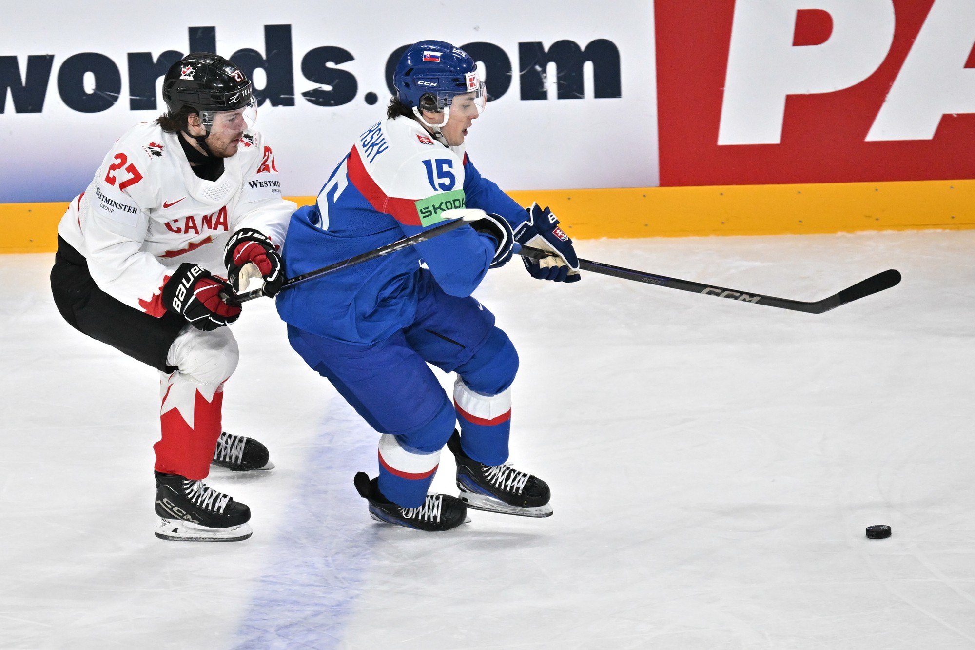Sprava hráč Dalibor Dvorský (Slovensko) a Barrett Hayton (Kanada). 