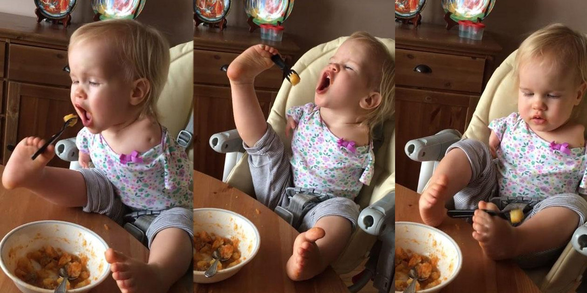 Dziewczynka, która urodziła się bez rąk, uczy się jeść