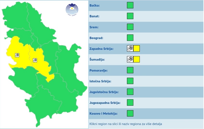 Upozorenje na sneg, povećanje snežnog pokrivača, klizave puteve