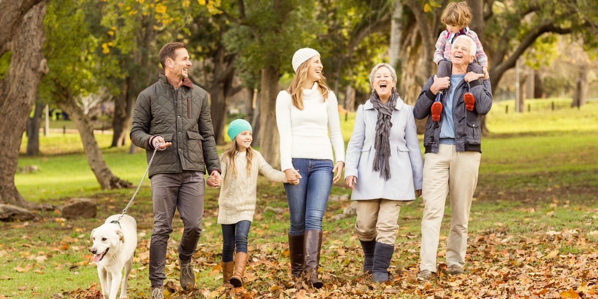 Extended family posing with warm clothes on an autumns day