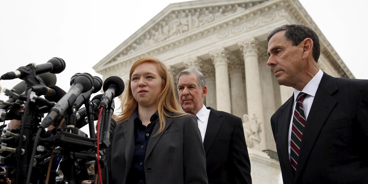 Abigail Fisher, the plaintiff in Fisher v. University of Texas at Austin, speaks outside the US Supreme Court in December 2015.