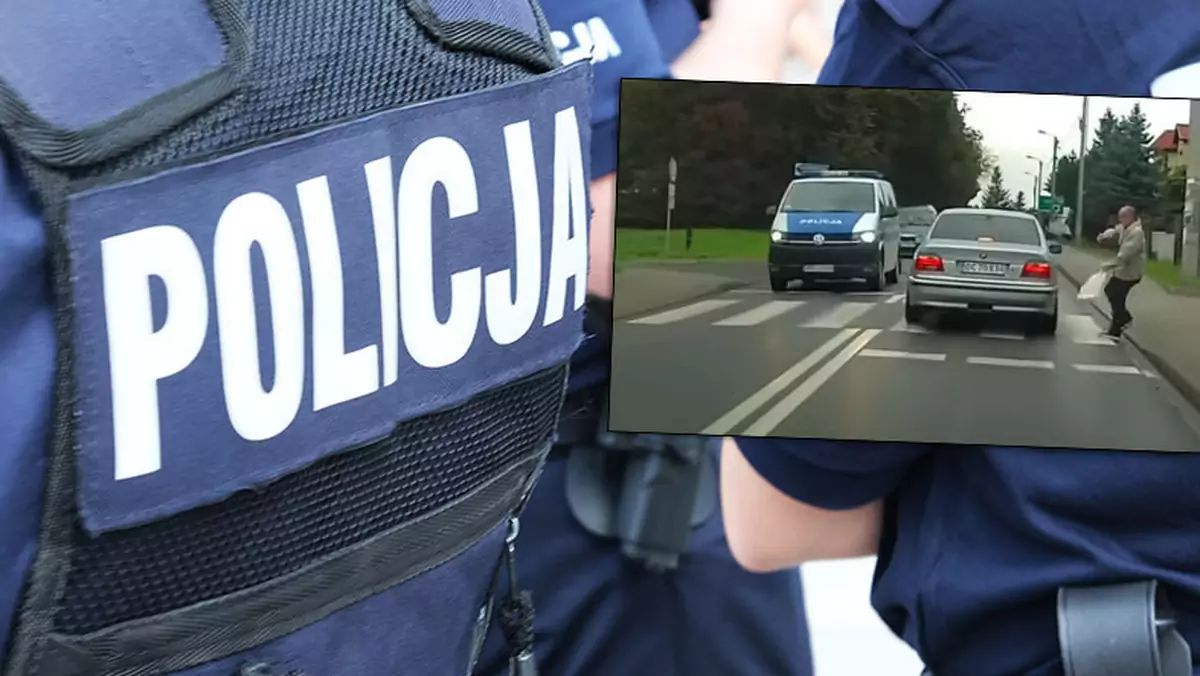 Na oczach policji kierowca BMW prawie potrącił pieszego (mikeforemniakowski/shutterstock, youtube/bandyta z kamerką)