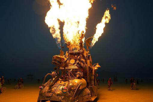 The Rabid Transit Burning Man art car erupts with flames from it's onboard propane poofers during 