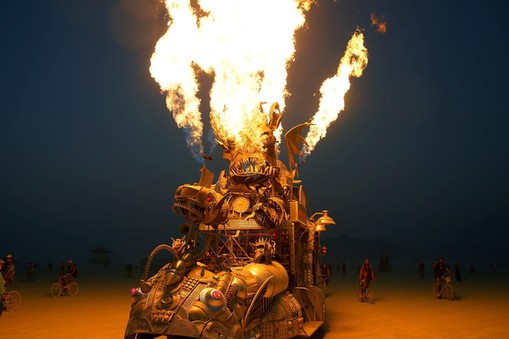 The Rabid Transit Burning Man art car erupts with flames from it's onboard propane poofers during 