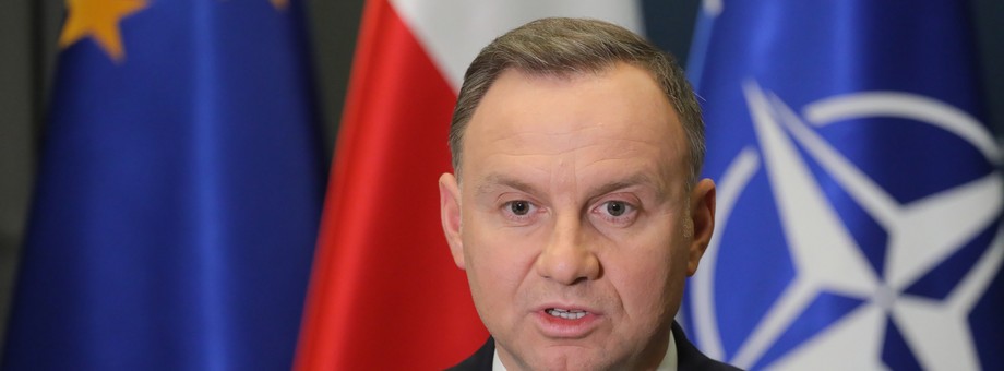 Prezydent RP Andrzej Duda podczas konferencji prasowej w BBN, w nocy z 15 na 16 bm. w Warszawie.