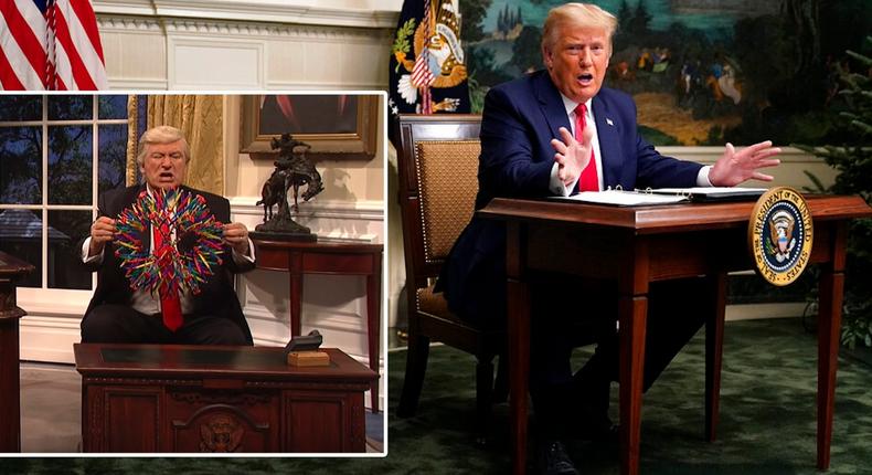 A composite image showing President Donald Trump at the White House on Thursday and, inset, a 2017 Saturday Night Live sketch showing Alec Baldwin playing Trump behind a similarly small desk.