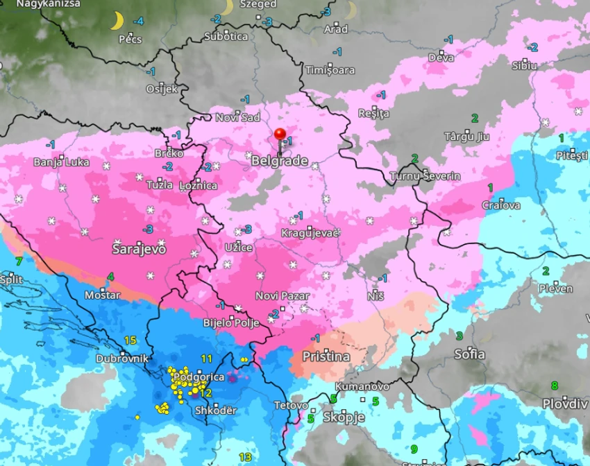 Kretanje padavina u 23 časa u nedelju