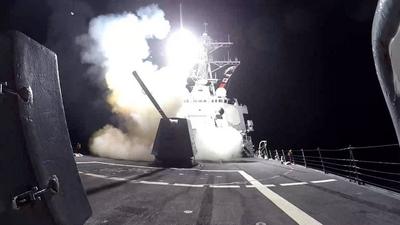 A missile launches from a US Navy warship in the Red Sea in February.US Central Command