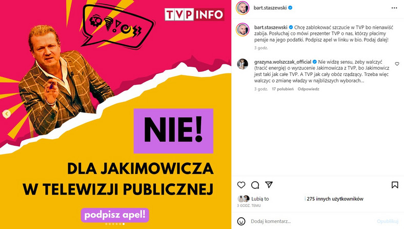 Grażyna Wolszczak zareagowała na apel o usunięcie Jarosława Jakimowicza z TVP