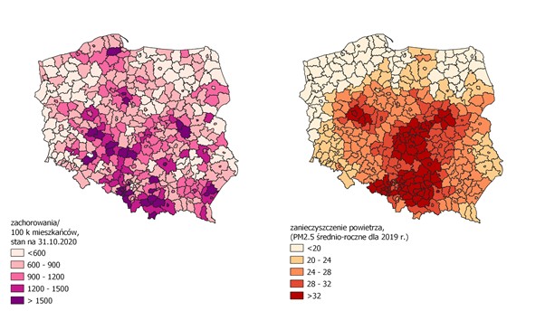 Uśrednione wartości stężenia PM2.5 ze wszystkich stacji występujących na terenie danego powiatu