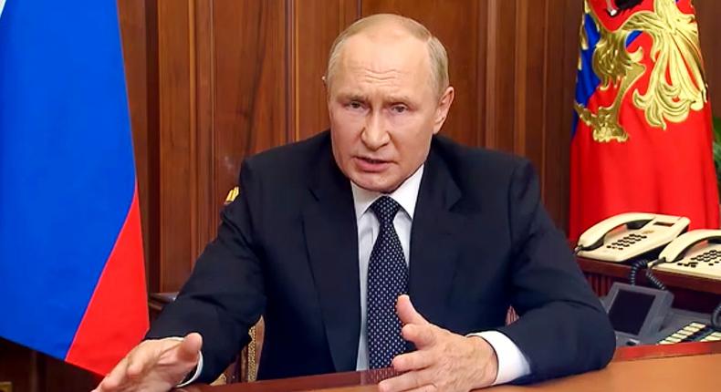 In this image made from video released by the Russian Presidential Press Service, Russian President Vladimir Putin gestures as he addresses the nation in Moscow, Russia, Wednesday, Sept. 21, 2022.Russian Presidential Press Service via AP