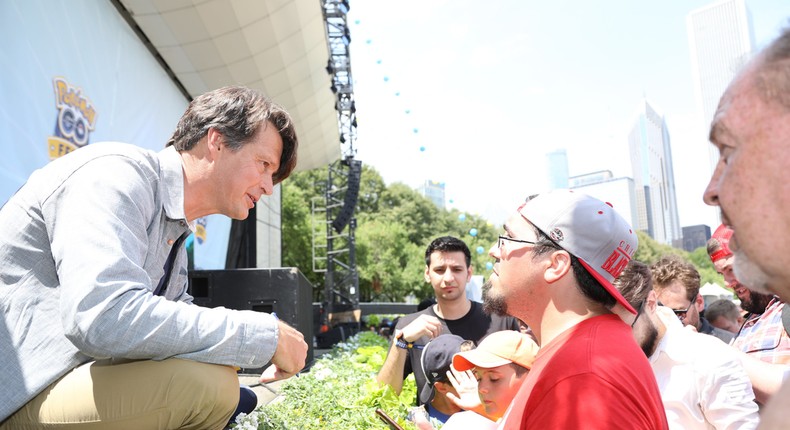 Niantic CEO John Hanke talks to disappointed attendees at Saturday's Pokémon Go Chicago event.