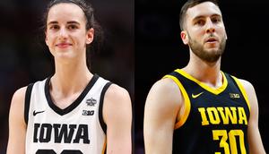 Caitlin Clark during the 2023 NCAA Women's Basketball Tournament championship; and Connor McCaffery during a 2023 game against Rutgers.Maddie Meyer/Staff/Getty Images; Rich Graessle/Icon Sportswire via Getty Images