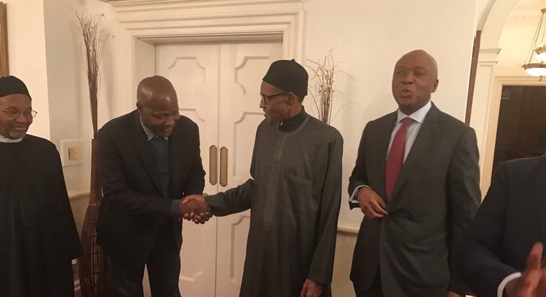 Speaker of the House, Yakubu Dogara and Senate President, Bukola Saraki during a courtesy call to President Muhammadu Buhari in London on February 15, 2017.