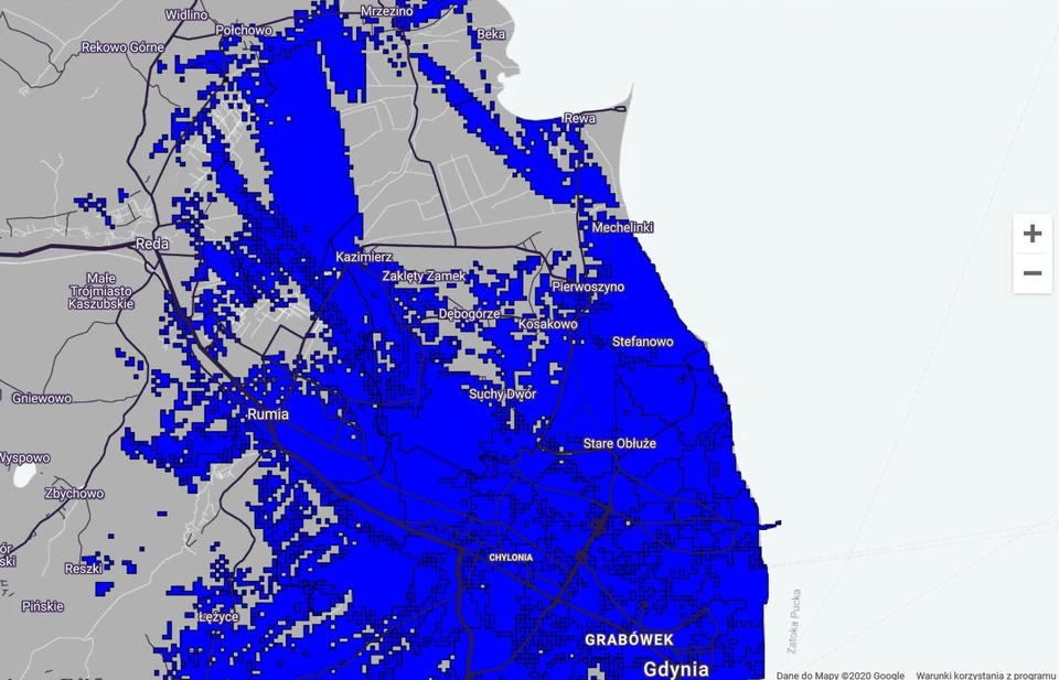 Mapa zasięgu 5G w Play - Gdynia (część północna)