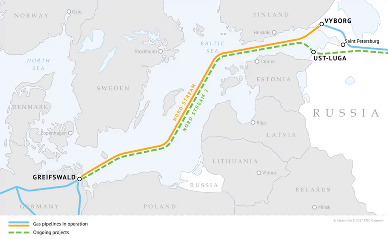 Mapa przebiegu tras Nord Stream I i II