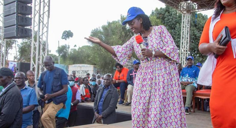 Azimio La Umoja presidential running mate Martha Karua addresses a crowd in Nyamira County on July 1, 2022