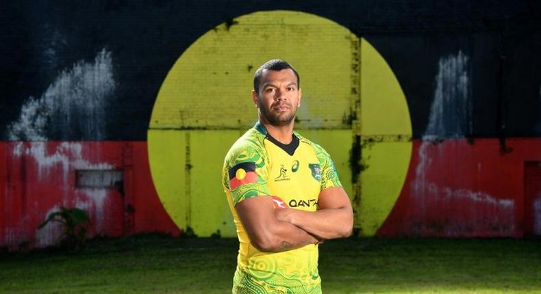 Australian Wallabies' Kurtley Beale models an indigenous-themed jersey, in Sydney, on July 17, 2017