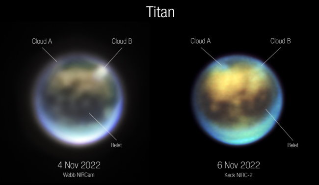 Tytan. Obraz z JWST, fot. NASA, ESA, CSA, W. M. Keck Observatory, A. Pagan (STScI). Science: Webb Titan GTO Team.