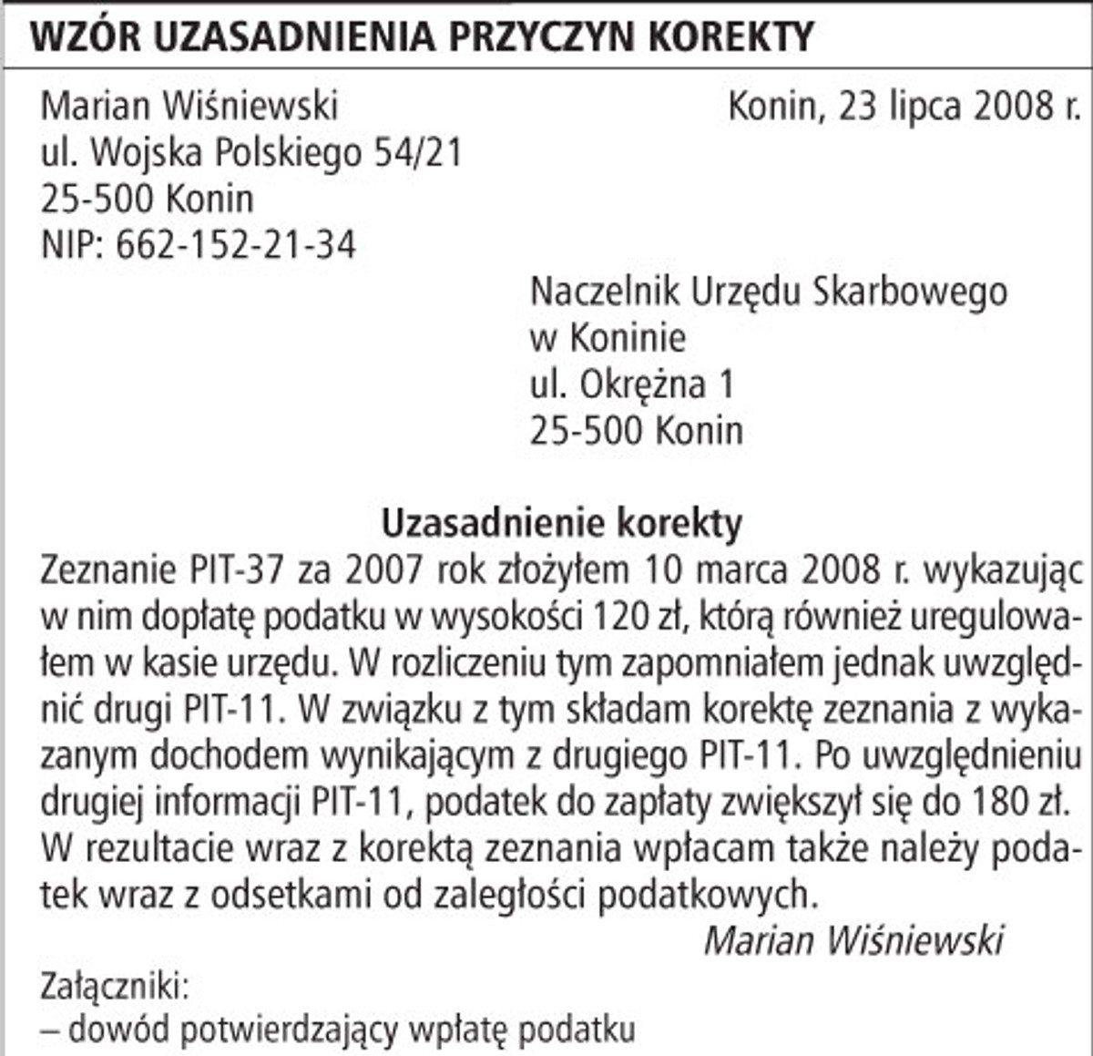 Wzór uzasadnienia przyczyn korekty