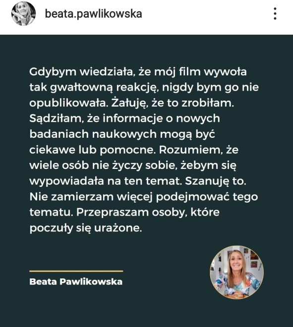 Widok postu zamieszczonego na profilu Beaty Pawlikowskiej na Instagramie