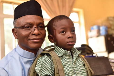 Governor Nasir El-Rufai of Kaduna State in Capital School, Malali, Kaduna, a public school, to enrol their six-year old son Abubakar El-Rufai into a primary school.  [Twitter/GovKaduna]