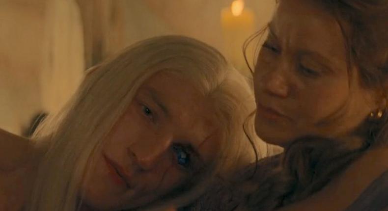 Aemond Targaryen (Ewan Mitchell) cuddles several times with a prostitute in House of the Dragon.HBO
