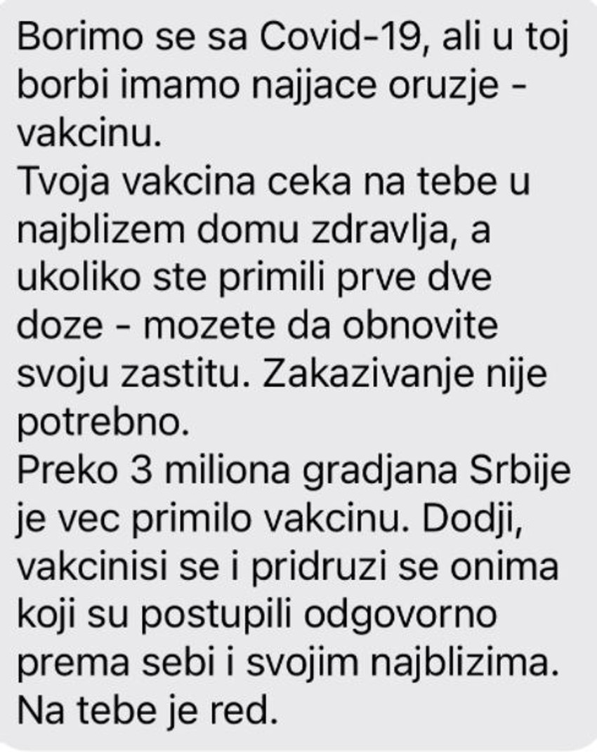 Cirkularni SMS poziv na vakcinaciju dobiće svi građani koji koriste mogbilni telefon