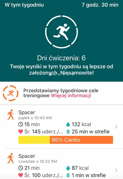 Screeny z aplikacji Fitbit