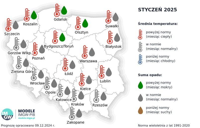 Prognoza średniej miesięcznej temperatury powietrza i miesięcznej sumy opadów atmosferycznych na styczeń 2025 r. dla wybranych miast w Polsce