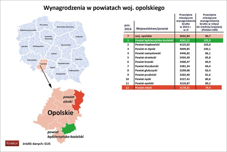 W 2014 roku w województwie opolskim średnie zarobki wynosiły 3632 zł brutto. Pierwsze trzy miejsca w regionalnym rankingu zajmują kolejno: powiat kędzierzyńsko-kozielski (4241 zł), krapkowicki (4125 zł) i Opole (4009 zł). W Kędzierzynie Koźlu działa GK Brenntag Polska, zajmujący się dystrybucją surowców chemicznych dla przemysłu oraz Grupa Azoty ZAK. W Choruli siedzibę ma też zatrudniająca ponad 1,1 tys. osób spółka Górażdże Cement. Ważną inwestycją w regionie jest rozbudowa Elektrowni Opole należącej do PGE. To warte 11,6 mld zł przedsięwzięcie ma stworzyć w sumie nawet 4 tys. nowych miejsc pracy.<br>

<br>W Opolu działa wiele znanych firm z branży spożywczej, w tym należąca do grupy Danone Nutricia, Zott i Animex (część koncernu Smithfield Foods). Wśród największych reprezentantów sektora elektromaszynowego można wymienić m.in. Remak S.A., GEA Technika Cieplna, czy Tower Automotive Polska.<br>

<br>Najniższe wynagrodzenia w regionie otrzymywali w ubiegłym roku mieszkańcy powiatu oleskiego w północno-wschodniej części województwa. Średnie zarobki sięgały tu 3178 zł brutto.