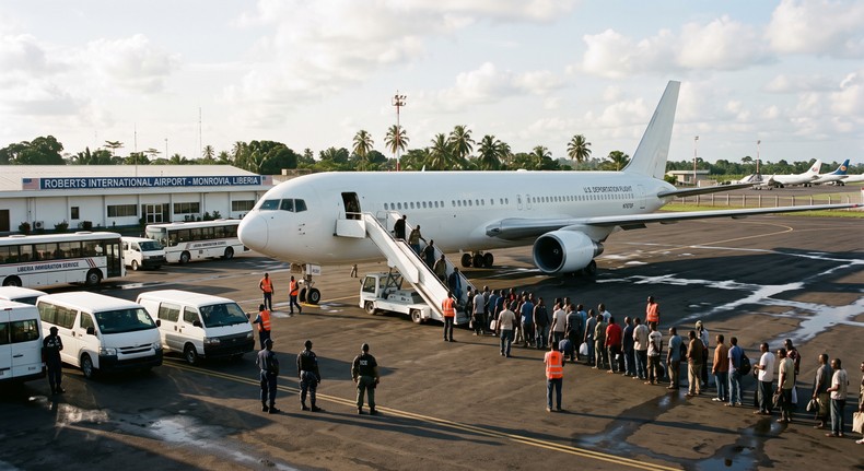A US deportation aircraft arrives at Roberts International Airport near Monrovia, Liberia, on August 20, 2026. [Gemini Generated Image]
