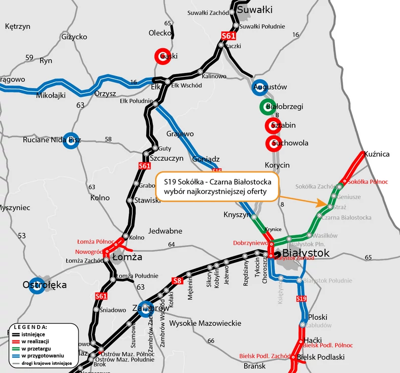 Mapa z lokalizacją odcinka drogi ekspresowej S19 Sokółka — Czarna Białostocka