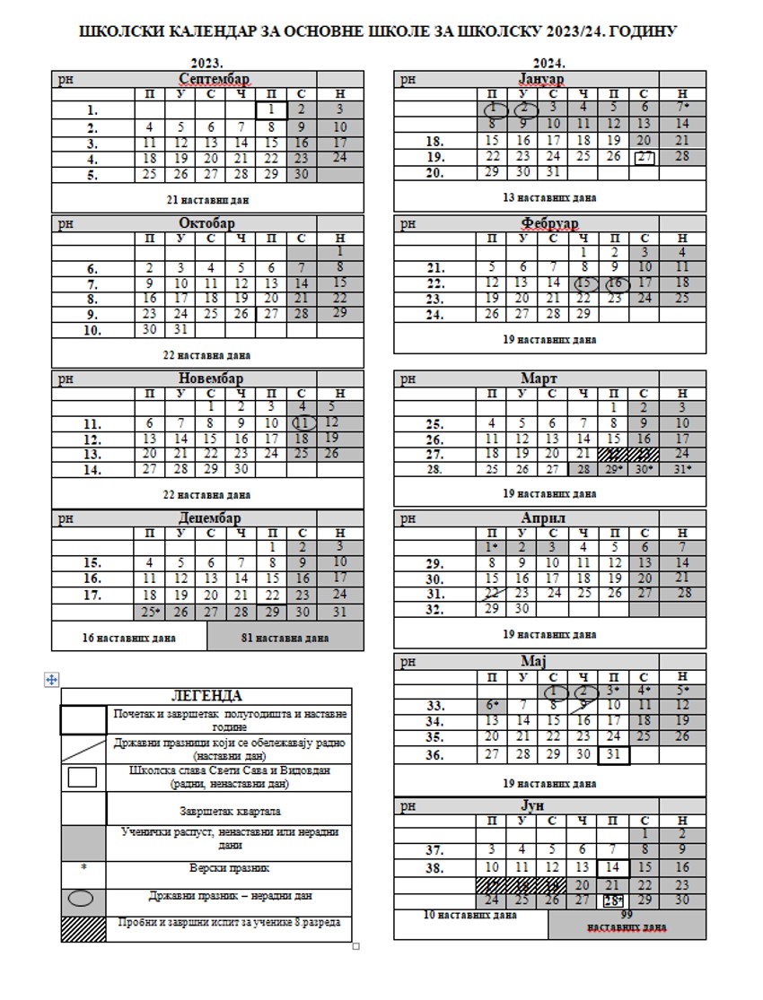 Školski kalendar za osnovne škole u Vojvodini 2023 i 2024