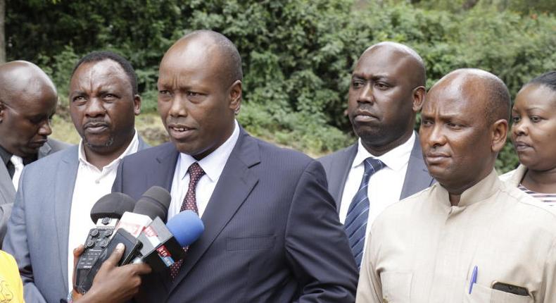 Nakuru Governor Lee Kinyanjui with his deputy Eric Korir (second right), County Commissioner Erastus Mbui and Speaker Joel Kairu (left) address the press on Friday.