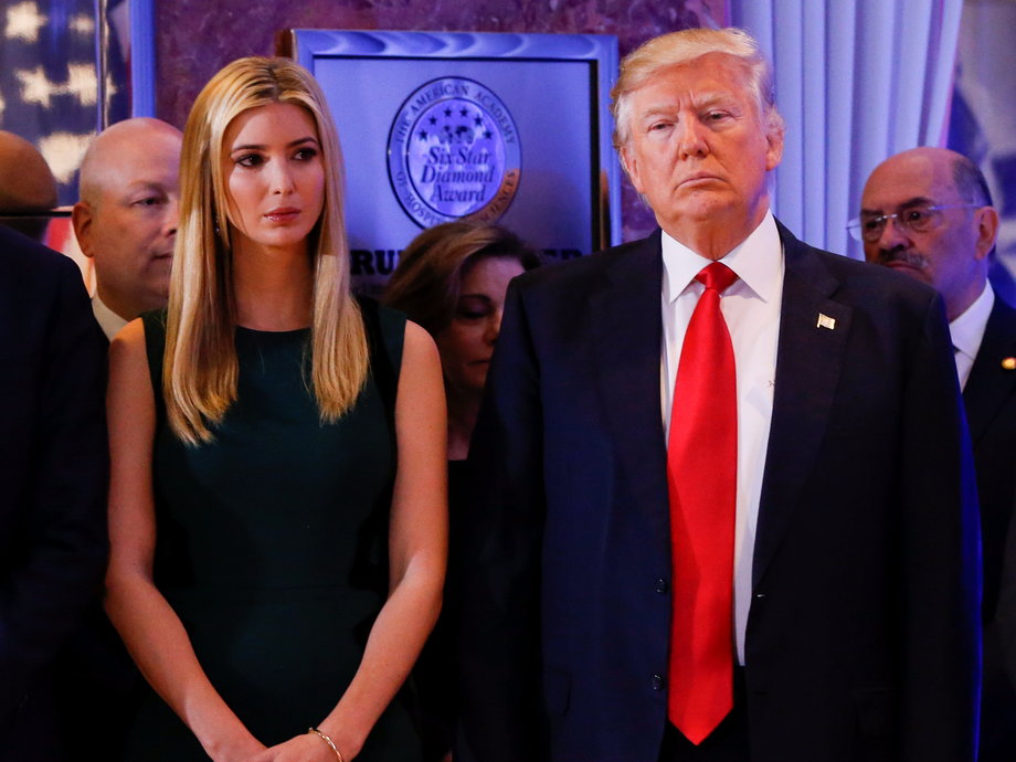 U.S. President-elect Donald Trump (C) stands surrounded by his son Eric Trump (L) daughter Ivanka and son Donald Trump Jr. (R) ahead of a press conference in Trump Tower, Manhattan, New York, U.S., January 11, 2017.