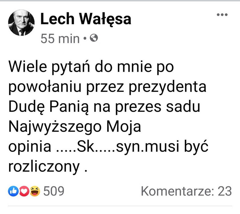 "Sk.....syn.musi być rozliczony". Wulgarny wpis Wałęsy o Dudzie