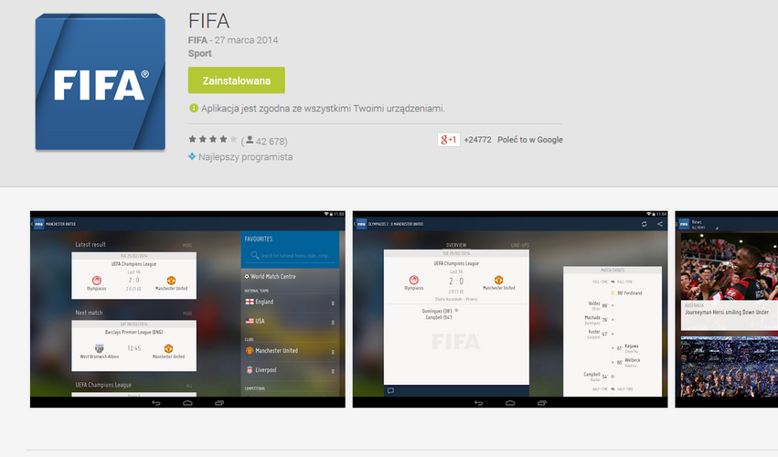 <b>FIFA</b>
<br><br>
Oficjalna aplikacja stworzona przez Międzynarodową Federację Piłki Nożnej to wizualne arcydzieło. Znajdziemy tu aktualne informacje (poświęcone przede wszystkim Mundialowi), jak również szereg ciekawych materiałów wideo prezentujących choćby drogę poszczególnych drużyn do Mistrzostw Świata w Brazylii.