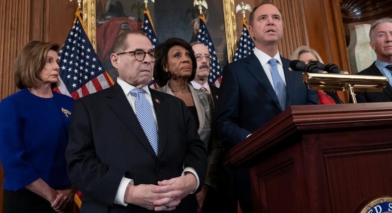 From left, Speaker of the House Nancy Pelosi, D-Calif., House Judiciary Committee Chairman Jerrold Nadler, D-N.Y., House Financial Services Committee Chairwoman Maxine Waters, D-Calif., House Foreign Affairs Committee Chairman Eliot Engel, D-N.Y., House Intelligence Committee Chairman Adam Schiff, D-Calif., and House Ways and Means Committee Chairman Richard Neal, D-Mass., announce they are pushing ahead for two articles of impeachment against President Donald Trump  abuse of power and obstruction of Congress  charging he corrupted the U.S. election process and endangered national security in his dealings with Ukraine, at the Capitol in Washington, Tuesday, Dec. 10, 2019. (AP Photo/J. Scott Applewhite)