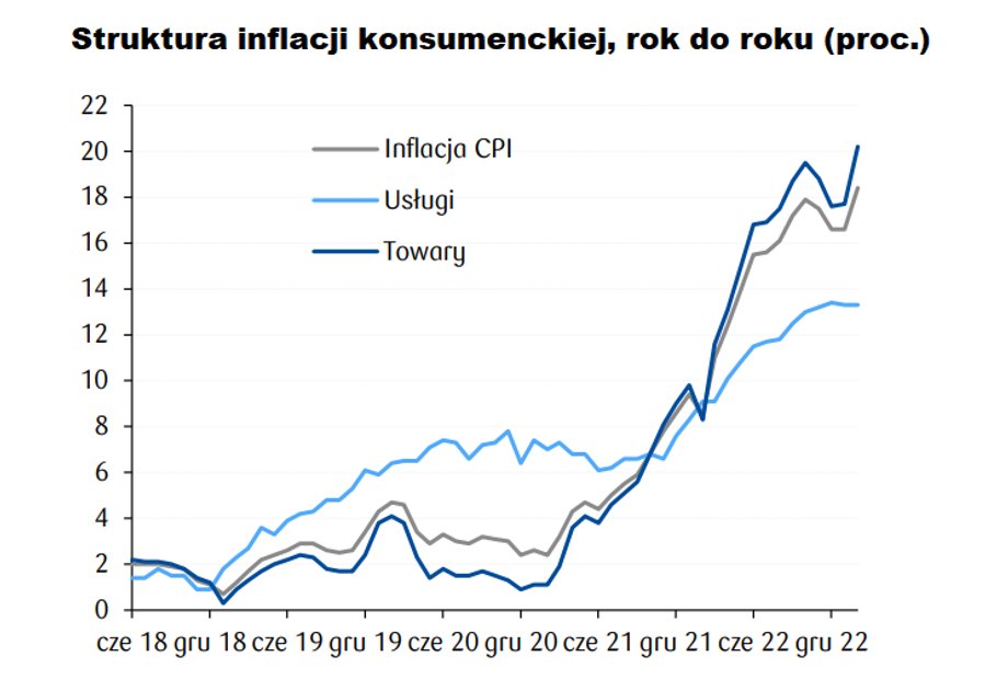 W poprzednich miesiącach motorem wzrostu cen były drożejące towary, m.in. ze względu na rosnące koszty wytworzenia (energii, surowców, paliw), ale także zaburzenia w łańcuchach dostaw, ograniczenia podaży i drogi fracht. Teraz ceny towarów nie powinny dokładać się do wzrostu inflacji. Pytanie, czy "pałeczkę przejmą" usługi, gdzie komponent wynagrodzeń ma większe znaczenie (a presja na wzrost płac wciąż jest silna z powodu mocnego rynku pracy). 